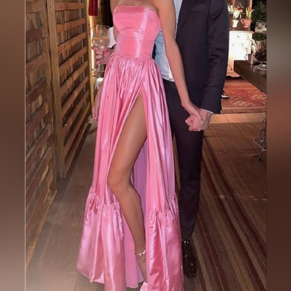 Formal Prom Evening Pink Satin Strapless Slit Ruched Dress Women's 8 - Picture 4 of 7